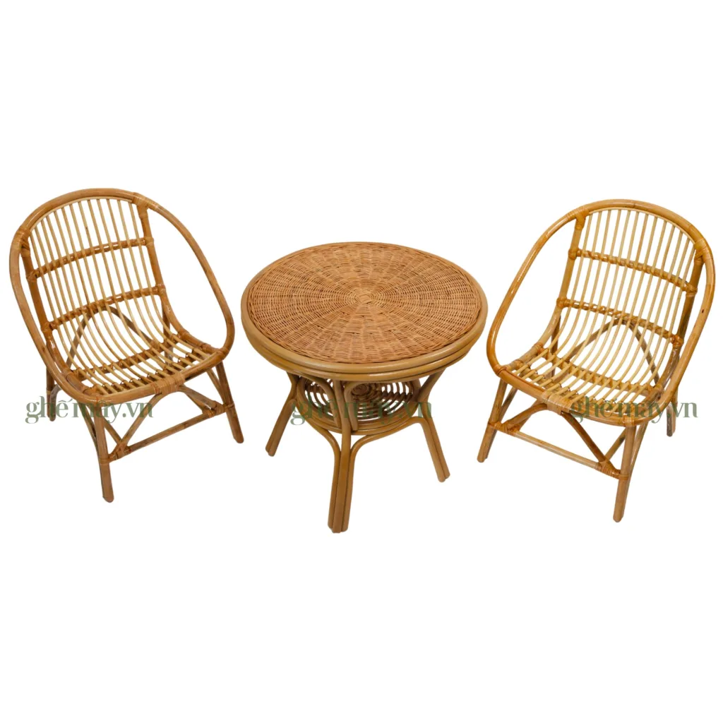 mặt trên bộ bàn ghế mây sò truyền thống và bàn mây mặt đan