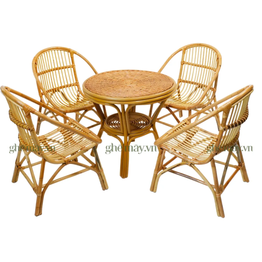 chính diện ghế mây sò truyền thống kèm bàn mây mặt đan (4 ghế)