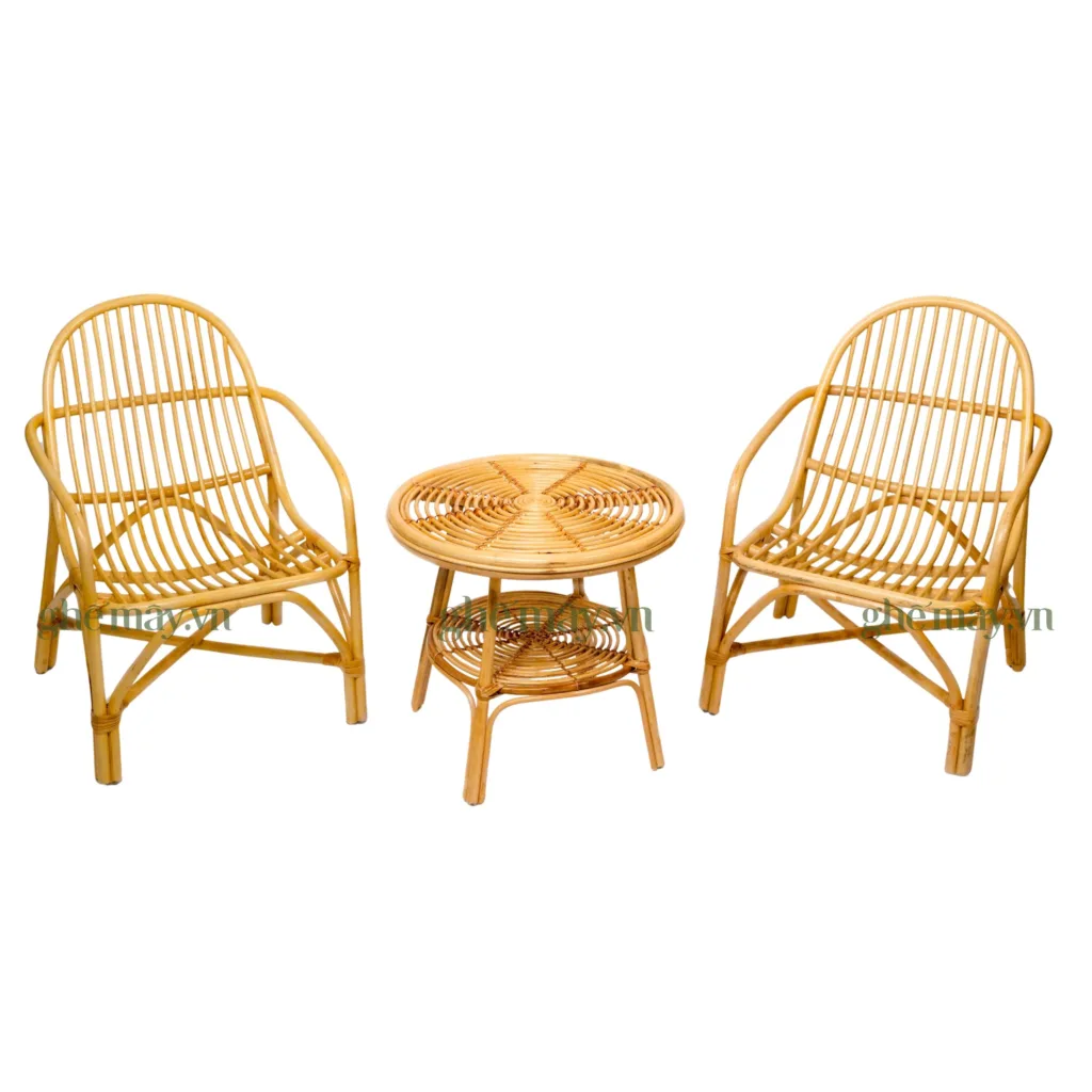 chính diện bộ bàn ghế mây sò có quai