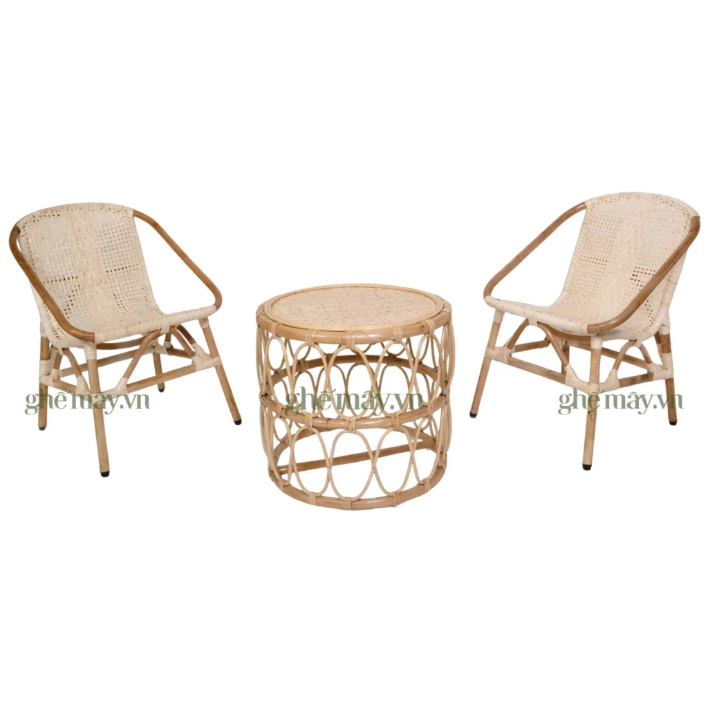 chính diện bộ bàn ghế sò đan trắng kèm đôn mây họa tiết