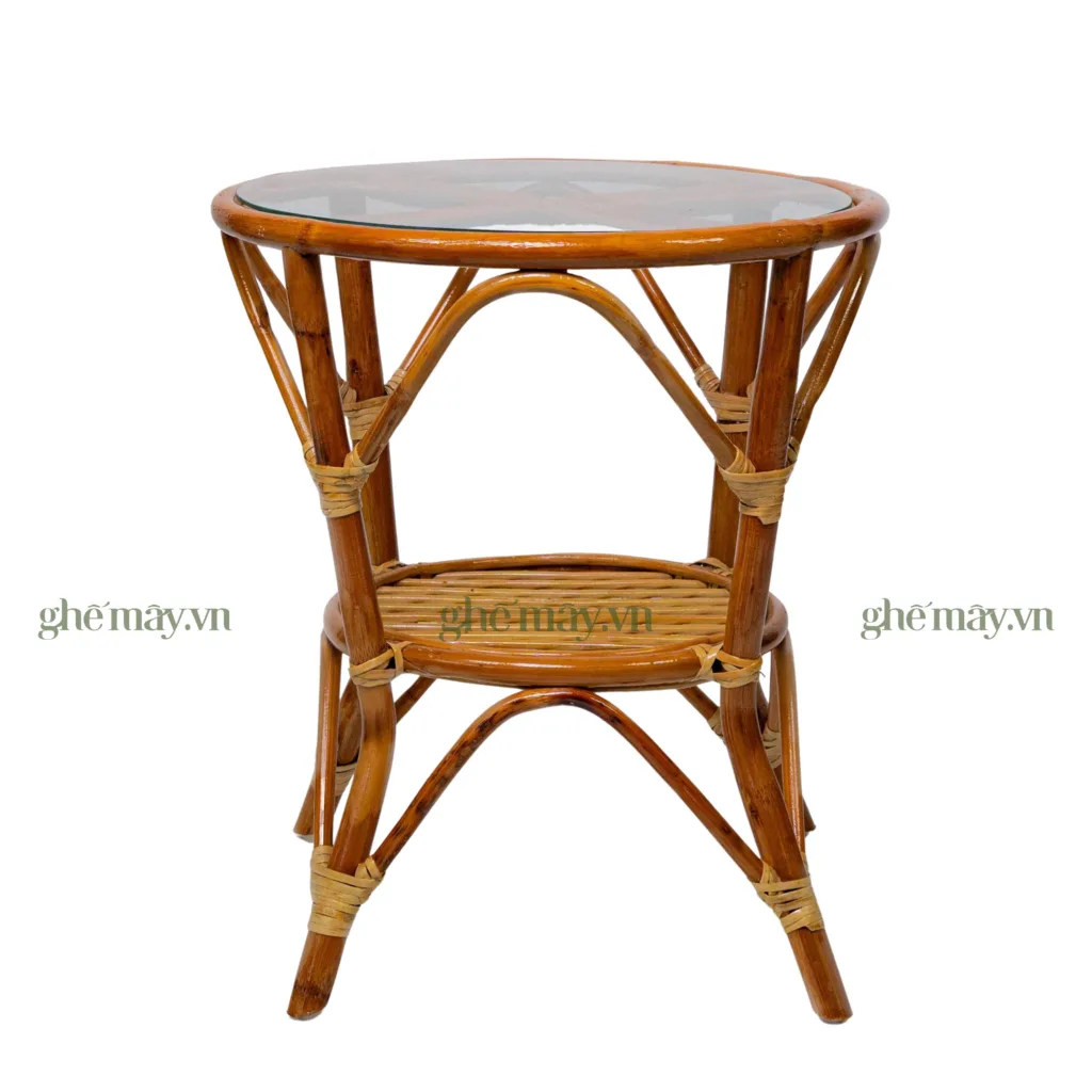 chính diện bàn mây sò 55cm mặt kính